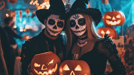 A couple in matching Halloween costumes, posing for a photo at a party.