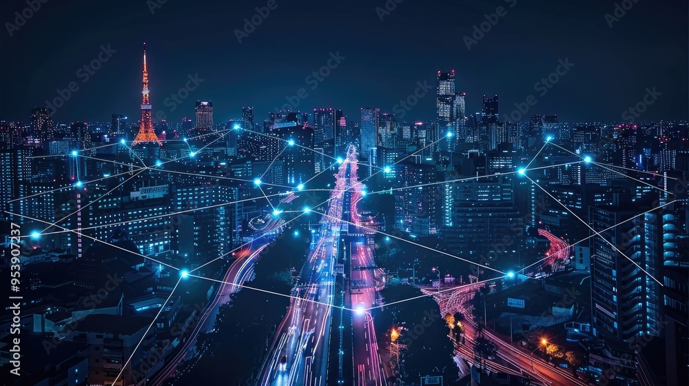 Poster Modern city with wireless network and connection technology with city background at night. Generative AI.