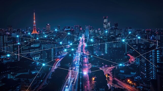 Modern city with wireless network and connection technology with city background at night. Generative AI.
