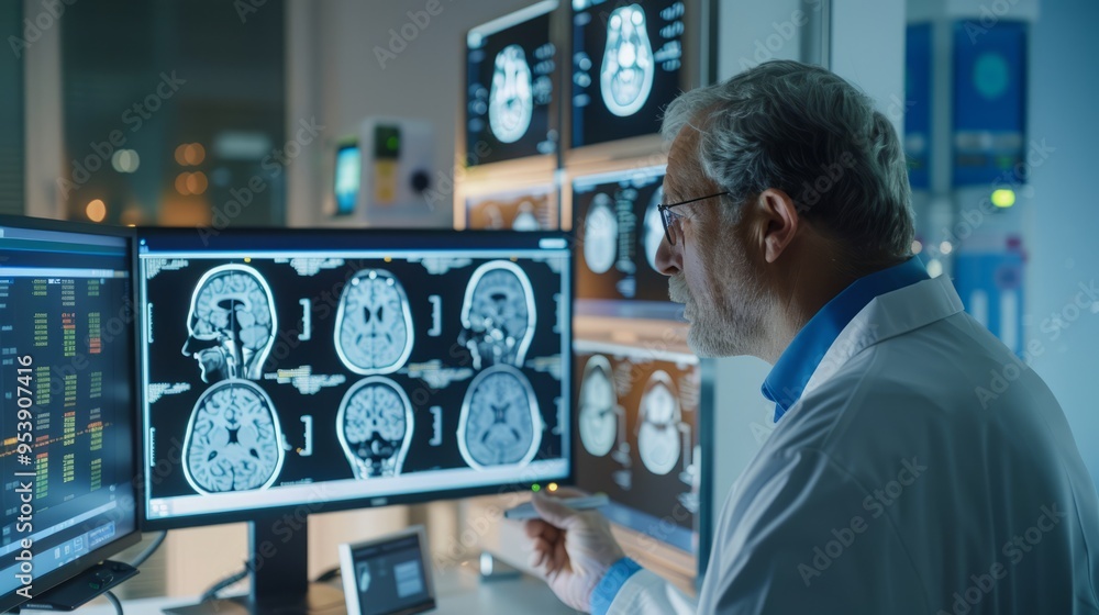 Poster A man in a white lab coat is looking at a computer monitor displaying several im