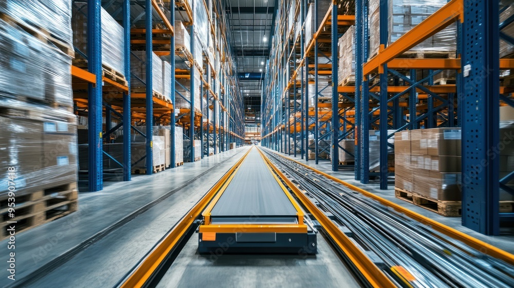 Aufkleber automated conveyor system in a large warehouse