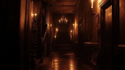 Fototapeta premium A dark hallway in a haunted house, lit only by flickering candles and shadows.