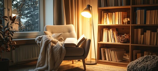 Cozy Reading Nook with Soft Chair, Lamp, and Books for a Relaxing Screen-Free Bedtime Routine