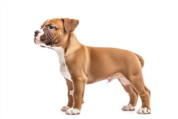 Terrier Bull Side View. Adorable American Staffordshire Terrier Puppy Standing in Profile on White Background