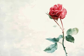 A delicate watercolor painting of a red rose, featuring vibrant petals and lush green leaves against a soft background.