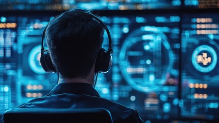 A person wearing a headset and analyzing a network for vulnerabilities in a cybersecurity role