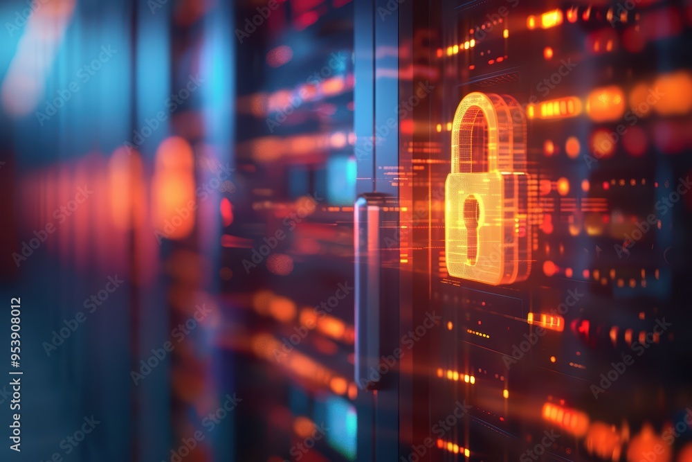 Poster a digital padlock symbol represents data security in a modern server environment, highlighting cyber