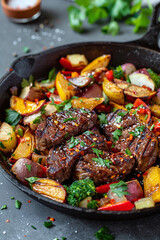 Fototapeta premium a traditional Peruvian lomo saltado in a cast-iron skillet