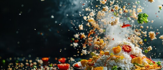 Fototapeta premium A dynamic shot capturing the explosion of vegetables and rice, showcasing vibrant colors and textures in a culinary masterpiece.