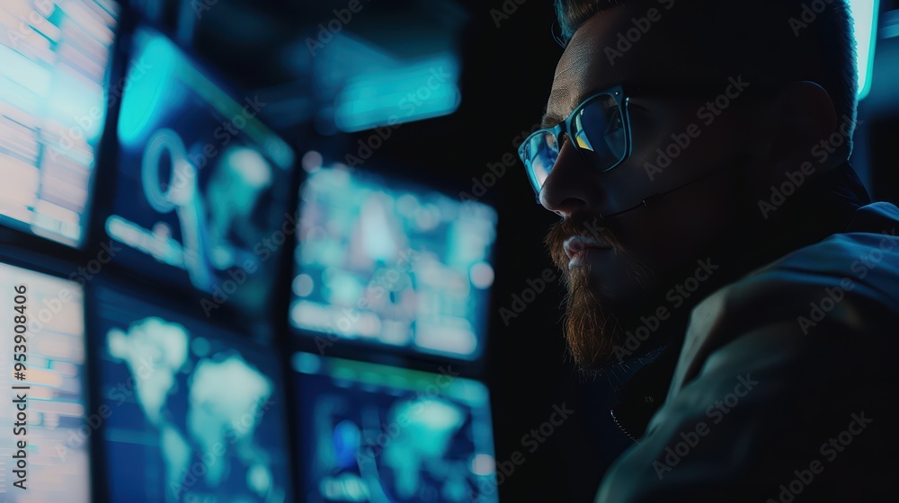 Poster a focused professional analyzing data on multiple screens in a high-tech environment.