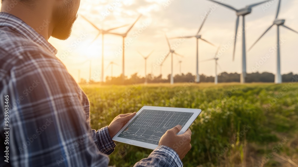 Poster a close-up of a scientist analyzing renewable energy data on a tablet in a field of wind turbines