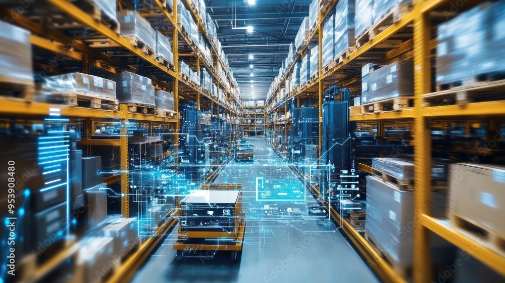 Poster autonomous forklift navigating a modern warehouse with digital overlay
