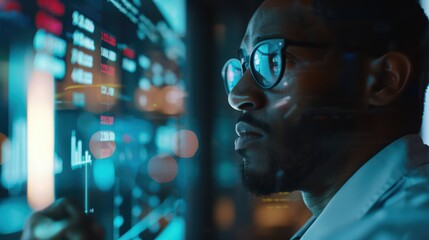 A focused professional analyzing digital data on a screen, showcasing expertise in technology and finance.