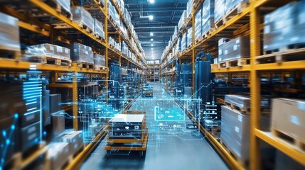 Autonomous Forklift Navigating a Modern Warehouse with Digital Overlay