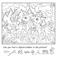 Can you find 8 objects hidden in the picture? Logic puzzle game for children and adults. Illustration of two little deer in summer forest. Educational page for kids. Black and white vector drawing