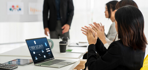 Cyber security system on computer screen protect private information snugly from hacker and cyber attack