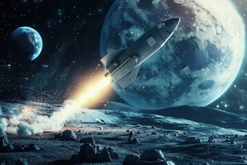 A futuristic rocket launching into space, surrounded by celestial bodies and a vibrant cosmic backdrop.