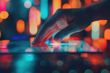 A hand interacts with a glowing tablet, set against a backdrop of vibrant, colorful lights, creating a dynamic tech-inspired scene.