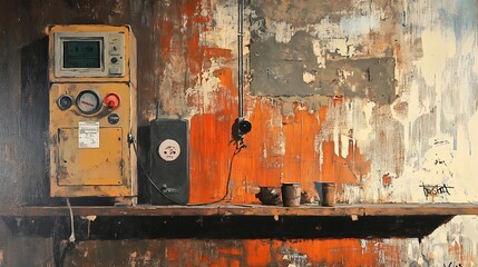 Rusty Industrial Interior with Gauge, Electrical Box, and Cups