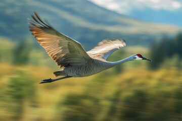 Obraz premium Creamers Field. Sandhill Crane Flying with Wings Open in High Speed at Fairbanks, Alaska