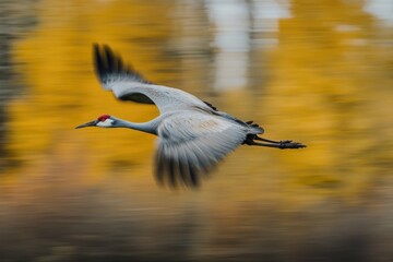 Naklejka premium Creamers Field: Sandhill Crane Soaring Over Fairbanks, Alaska with Blurred Background