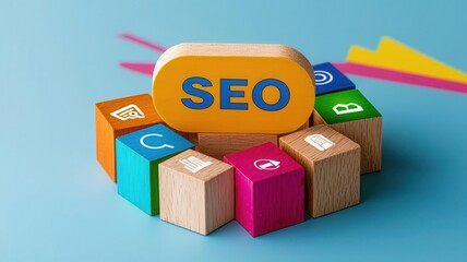 Colorful blocks displaying various icons and the word 'SEO' on a vibrant background, symbolizing digital marketing concepts.