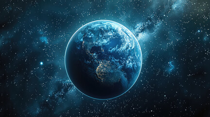 Obraz premium Earth with visible atmospheric glow, detailed surface, starry background, soft lighting. Generative AI.