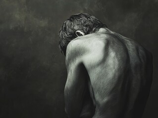 A dramatic black and white image of a man with his back turned, highlighting the contours and emotions through shadows and light.