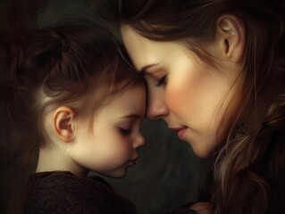 A tender moment between mother and child, forehead to forehead, eyes closed, showcasing a deep bond and love.
