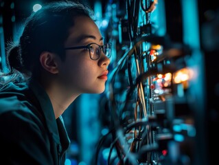 A focused technician inspects wires and circuits in a dimly lit environment, highlighting dedication to precision and technical expertise.