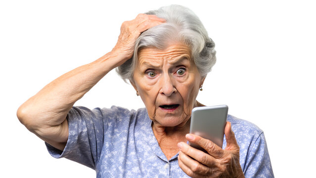 nervous, scared and stressed elderly lady holding a smartphone. scams and difficulties against elderly people, online payments, transactions, AI generated