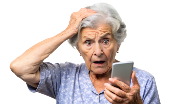 nervous, scared and stressed elderly lady holding a smartphone. scams and difficulties against elderly people, online payments, transactions, AI generated