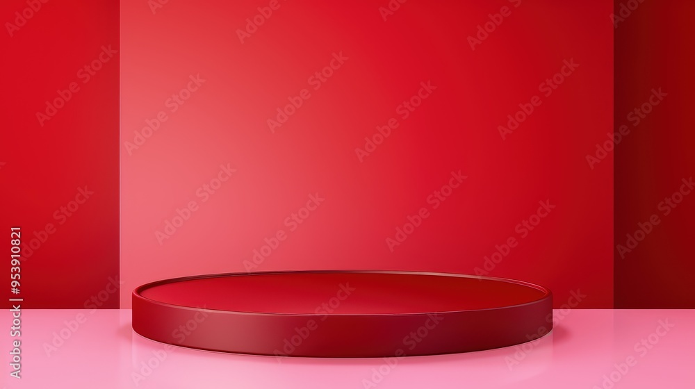 Poster a minimalist red display platform set against a matching background, ideal for showcasing products o