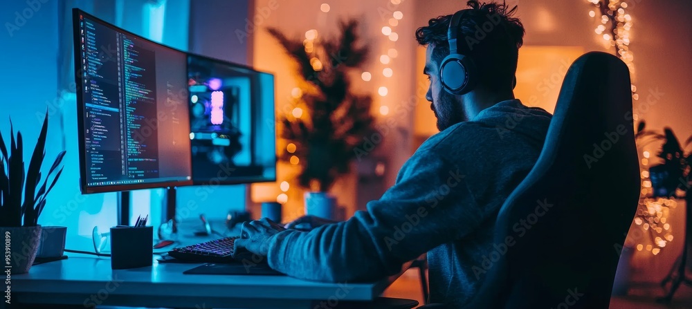 Poster late-night graphic designer utilizing dual monitors and time management apps for efficient workflow