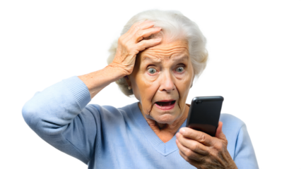 nervous, scared and stressed elderly lady holding a smartphone. scams and difficulties against elderly people, online payments, transactions, AI generated
