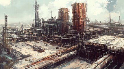 Fototapeta premium Industrial Complex with Tall Towers and Pipes