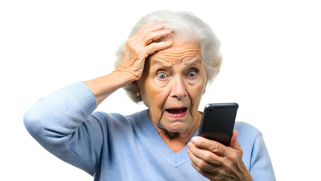 nervous, scared and stressed elderly lady holding a smartphone. scams and difficulties against elderly people, online payments, transactions, AI generated