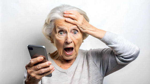 nervous, scared and stressed elderly lady holding a smartphone. scams and difficulties against elderly people, online payments, transactions, AI generated