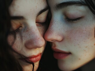 Close-up of two people with freckles embracing, eyes closed, conveying a deep sense of intimacy and connection.