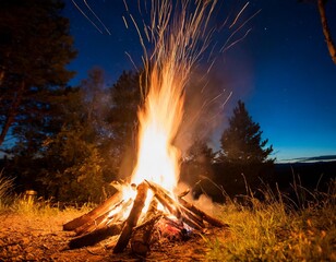 Flames Dancing on Campfire with Sparks Flying into the Night Sky