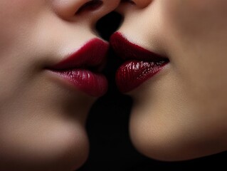 Close-up of two people with red lips about to kiss, showing love, intimacy, and connection in a romantic setting.