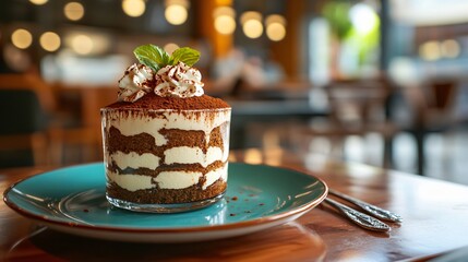 Tiramisu with a touch of espresso, set against a vibrant, urban backdrop