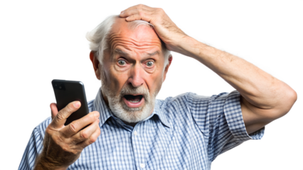 elderly man, nervous, scared and stressed holding a smartphone. scams and difficulties against elderly people, online payments, transactions, AI generated