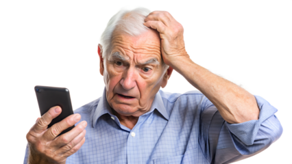 elderly man, nervous, scared and stressed holding a smartphone. scams and difficulties against elderly people, online payments, transactions, AI generated