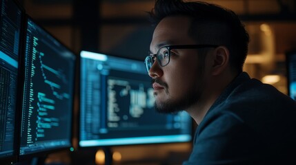 Focused programmer analyzing complex code on multiple monitors in a dimly lit office, illustrating dedication to software development and cybersecurity.