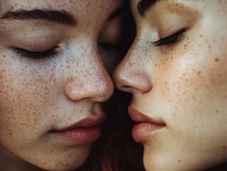 Close-up of two serene young females with freckles, eyes closed, faces gently touching, focusing on natural beauty and intimate connection.
