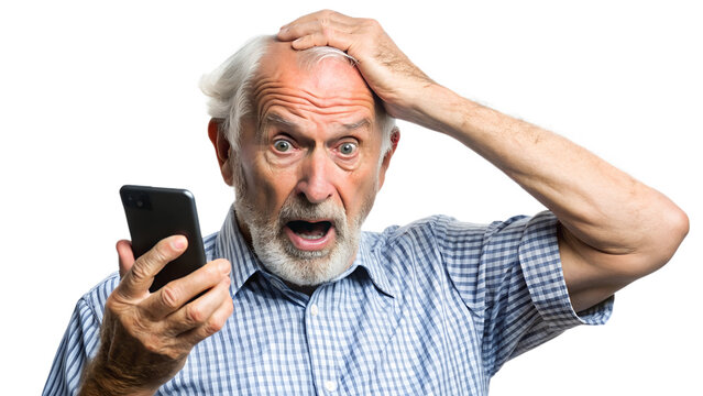 elderly man, nervous, scared and stressed holding a smartphone. scams and difficulties against elderly people, online payments, transactions, AI generated