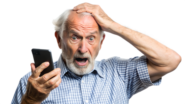elderly man, nervous, scared and stressed holding a smartphone. scams and difficulties against elderly people, online payments, transactions, AI generated