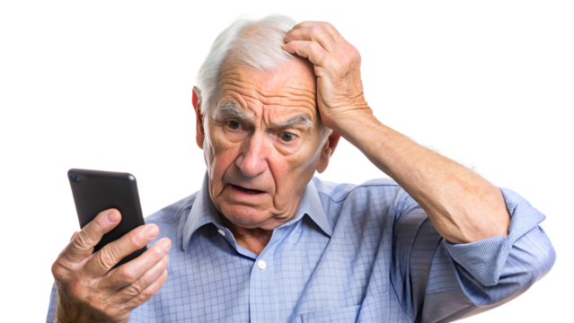 elderly man, nervous, scared and stressed holding a smartphone. scams and difficulties against elderly people, online payments, transactions, AI generated