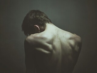 Moody portrait of a solitary person with an exposed back, highlighting emotions and contemplative atmosphere against a dark backdrop.